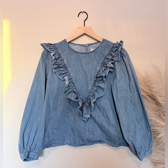 Zara Blue Denim Ruffle V-Front Blouse - Picture 4 of 7